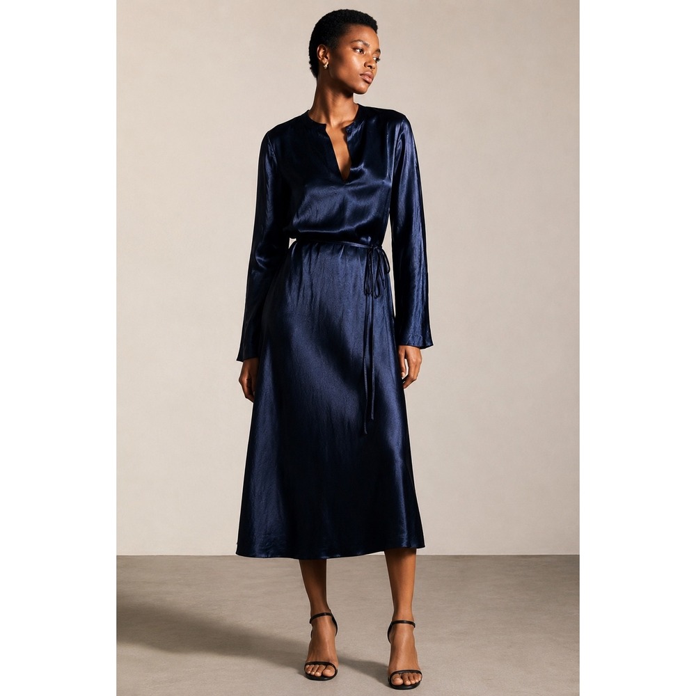 Zara Navy Blue Satin Wrap Midi Dress Long Sleeve Belted XL V-Neck Crinkle Finish
